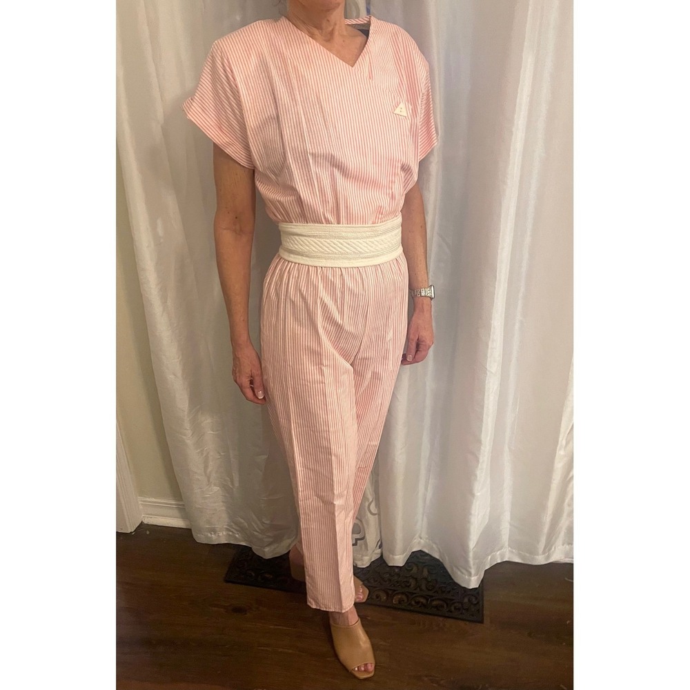 Vintage Jody California Pink Stripe 80s Jumpsuit White Woven Belt V Neck Romper